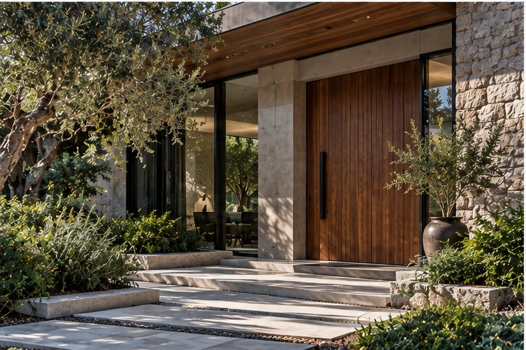 Modern wood and stone architectural entrance